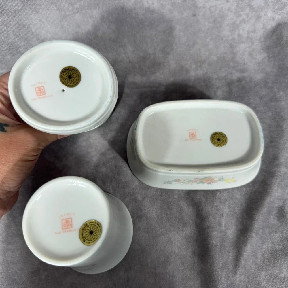 Vtg Takahashi SACHET Floral Porcelain Bathroom Vanity 3pc Set Japan Cottage NIB